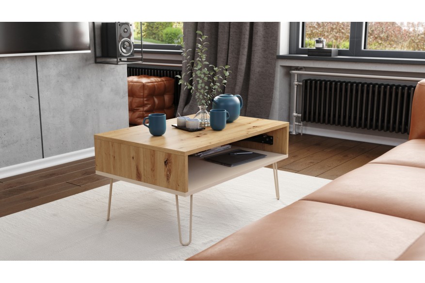 HAIRPIN S-90 Artisan Oak/Beige (Champagne) - MODERN COFFEE TABLE/LIVING ROOM TABLE WITH LIFT TOP + STORAGE + SHELF