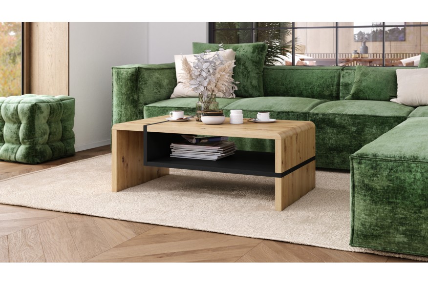 FOLK Artisan Oak/Black - MODERN LIVING ROOM TABLE/COFFEE TABLE WITH A SHELF